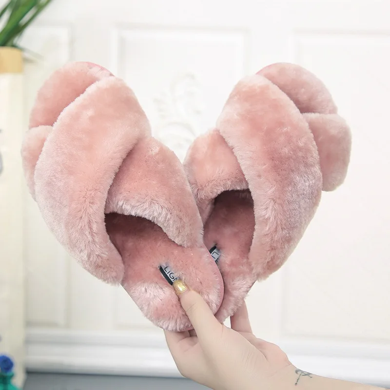 Fashion Colorful Cross Open Toe Slippers Plush Indoor Women Furry Winter Fluffy Slippers