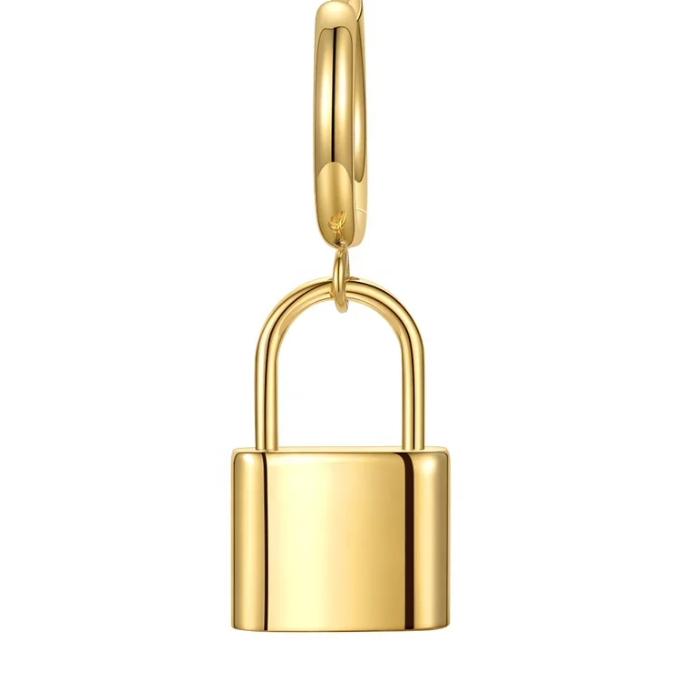 High Quality 18K Gold Plated Stainless Steel Jewelry Drop Lock Padlock Pendent Hoop Earrings E211264