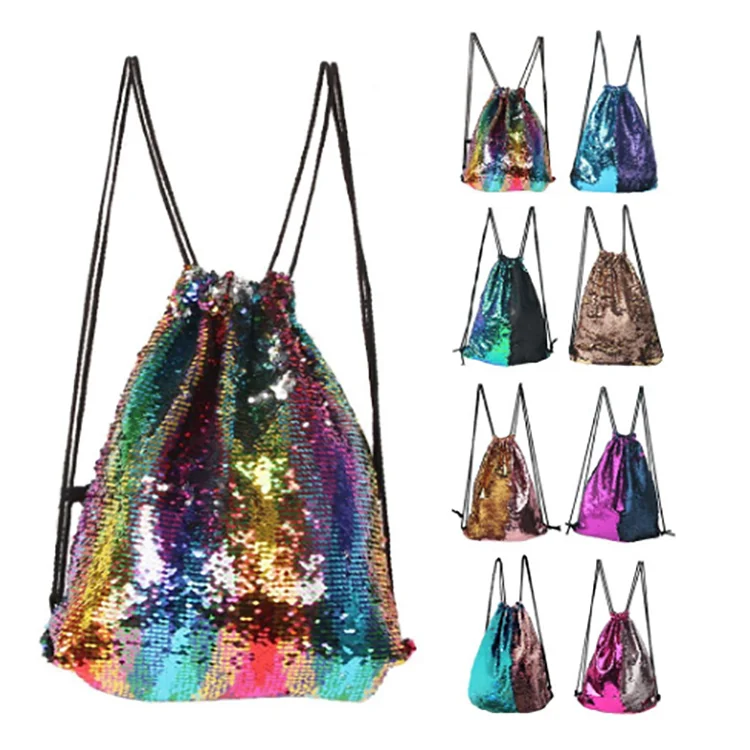 Mermaid Reversible Sequin Drawstring Backpack/Bag Dark Blue/Dark Pink for Kids Girls 