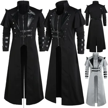 Halloween Medieval Steampunk Elves Pirate Costume Adult Men Black Vintage Long Split Jacket Gothic Armor Leather Coats