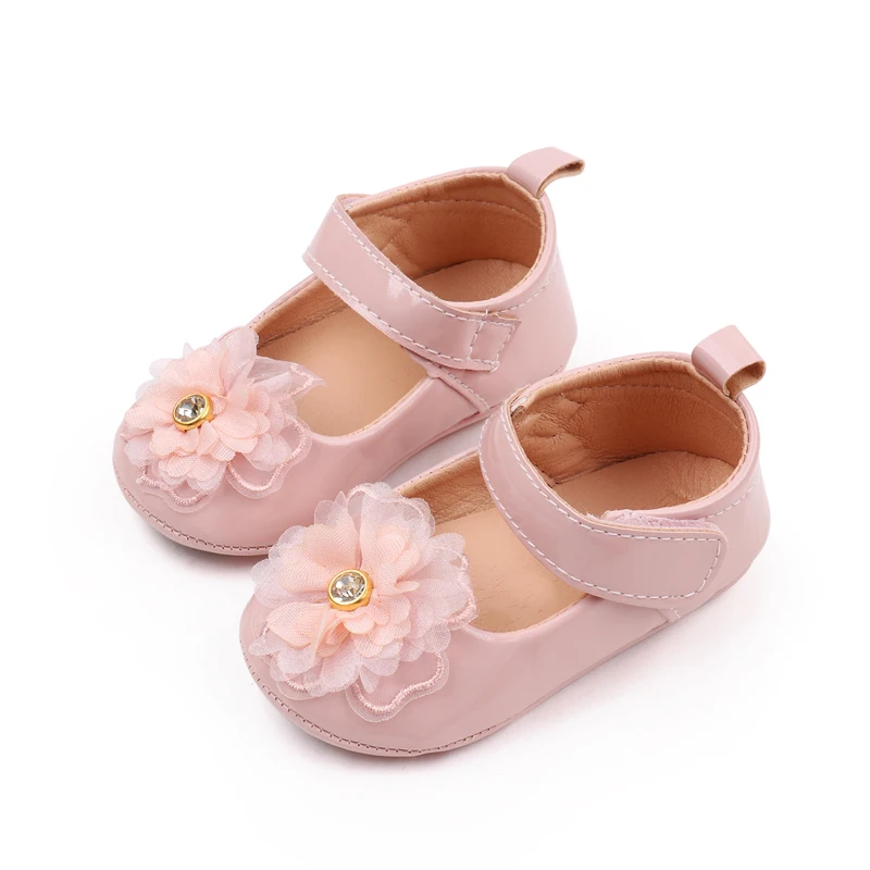 Spring and Autumn Pure Color PU Leather Veil Rhindiamonds Flower Princess Walking Shoes for Baby Girls supplier