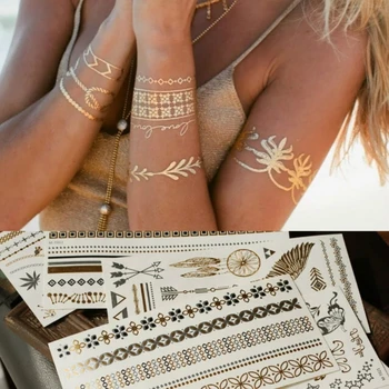 Men Women Body Art Gold Metallic Tattoo Sticker Chain Bracelet Fake Jewelry Waterproof Temporary Tattoo