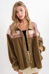 Wholesale Women Casual Plaid Patchwork Button Down Sherpa Fleece Shacket Jacket For Women