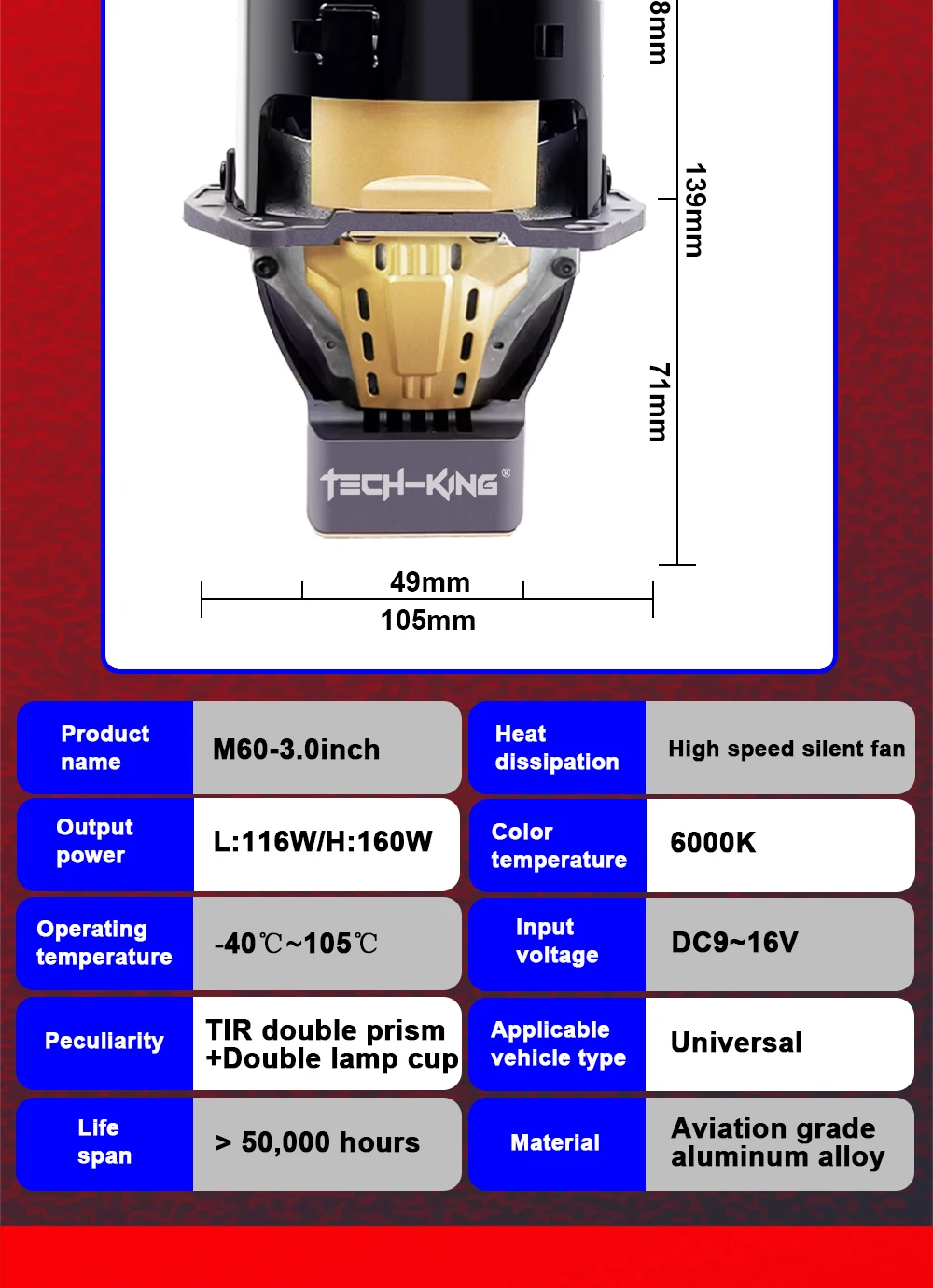 TECH-KING TIR bi-prism direct laser lens near and far light integrated 3-inch double lamp cup lens headlight projector headlamp