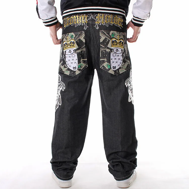 European American Hipster men's loose straight skateboard trousers embroidery shirt hip hop denim pants black plus-sized jeans