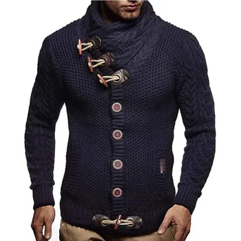 Odoodem Men's Casual Cardigan Sweater Turtleneck Horn Button Long Sleeve Knitted with Crocheted Weaving High Quality Cashmere