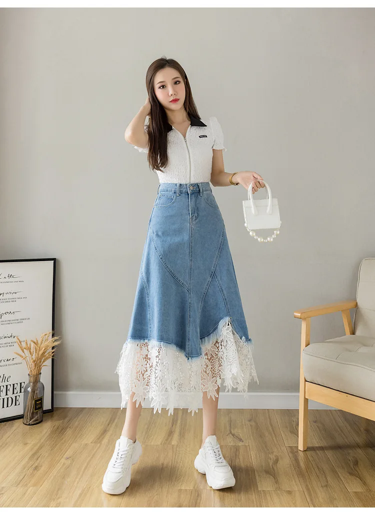 Real Shot A-line High-waisted Spring/autumn New Style Lace Chic Mid-length Umbrella Skirt Denim Washed Skirt Women Quick factory