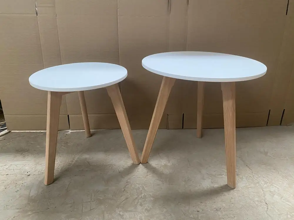 Set of 2 Side Table  with Bamboo Wood Legs Eco Friendly Living Room MDF White Nesting Table Set of 2 Coffee Table Set