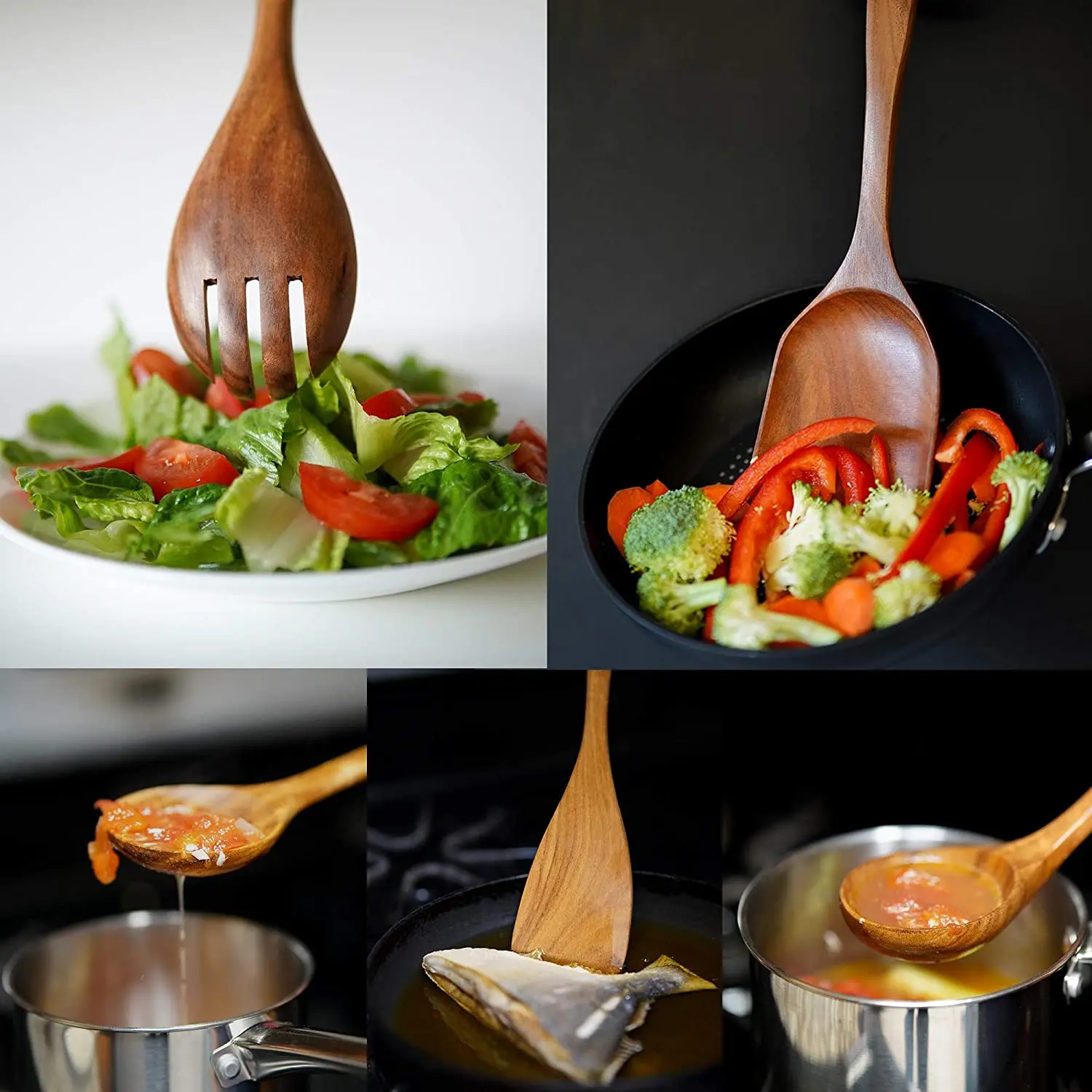 Set of wooden kitchen utensils with brackets, natural hand-made teak spatula, spoons, forks and wooden spoon holders and bracket