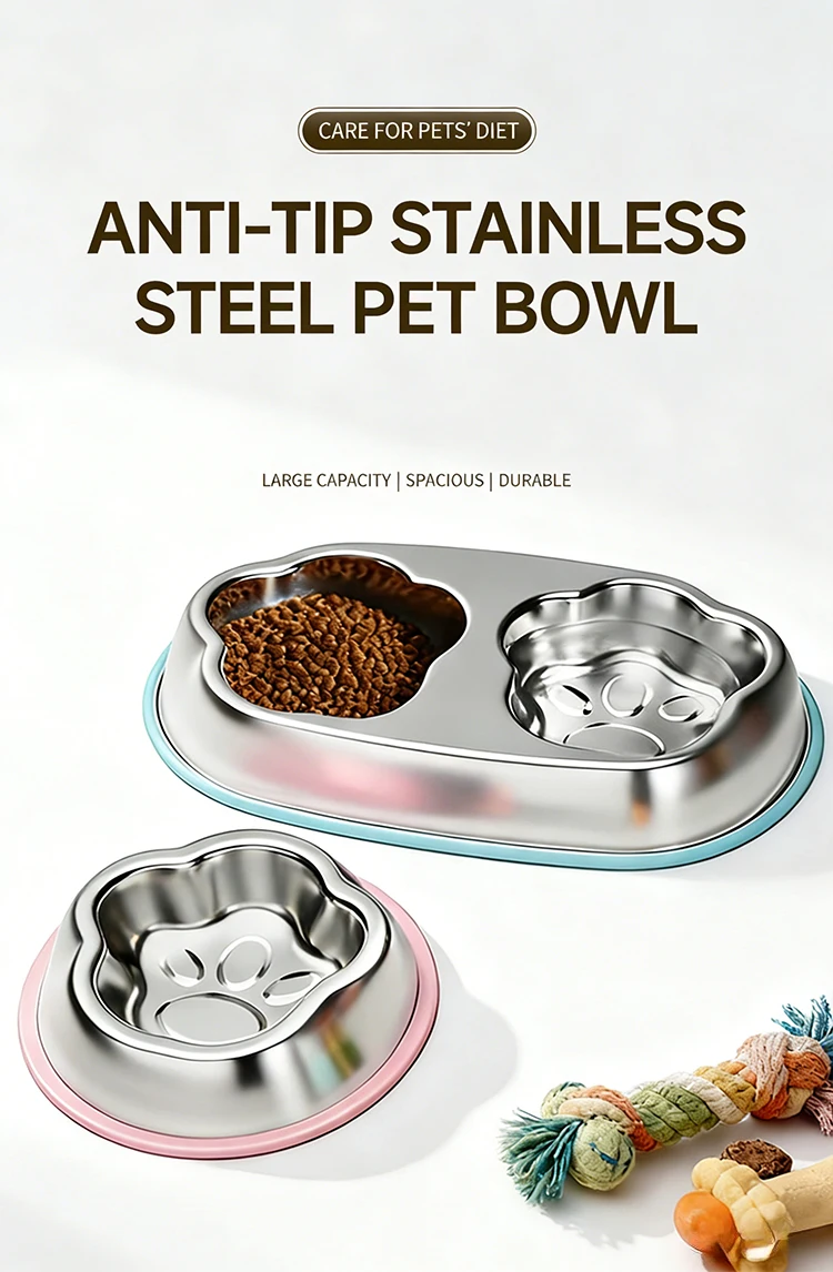 304 Stainless Steel Cute Cat Paw Shaped Pet Slow Feeder Bowl Double Bowl for Food and Water Anti Slip Anti Tipping Easy to Clean details