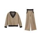 Long Casual Autumn Women's Casual Letter V-Neck Long Sleeve Sweater And Loose Wide Leg Pants Knitted Set