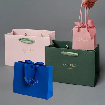 Custom print brand logo luxury green pink heavy duty carrier Jewelry Necklace packaging shopping paper bags for clothing