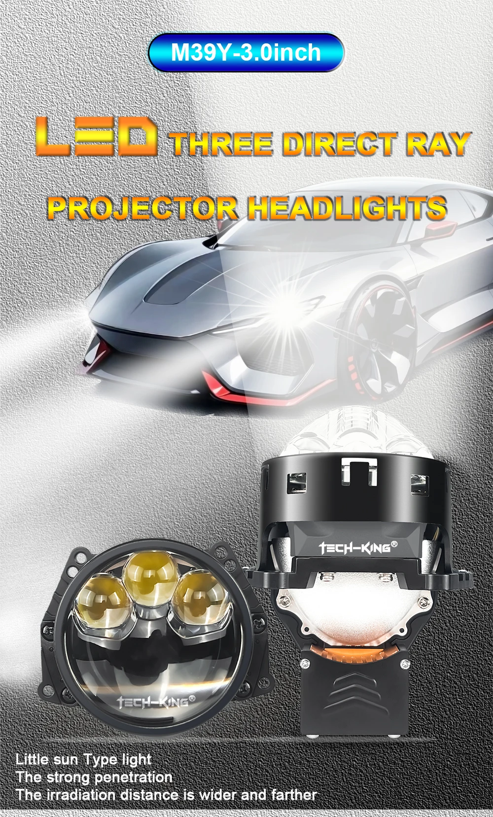 TECH-KING Car LED headlights double lens 3 inch three direct laser light super bright 90 watt high power Projector headlight