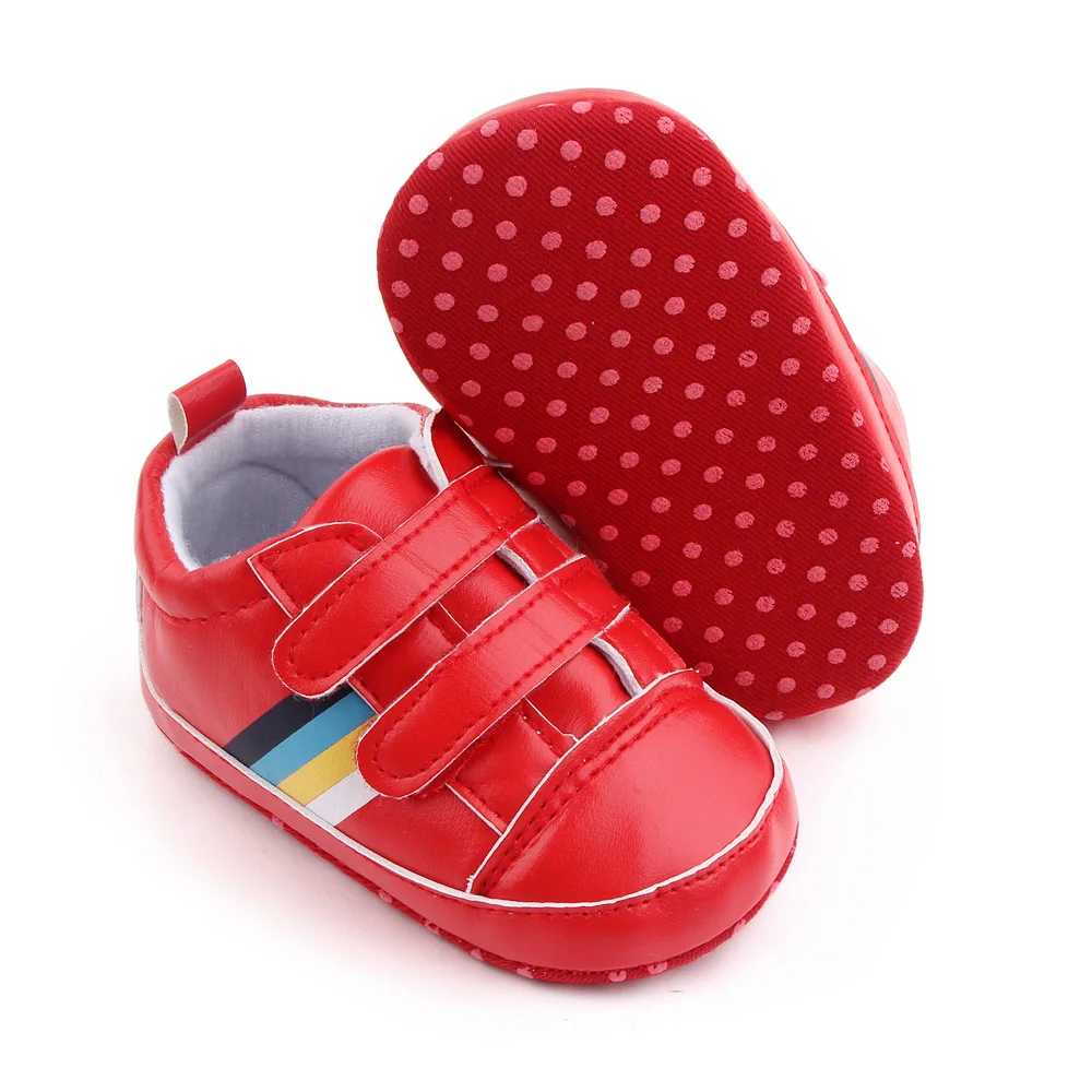 Spring and Autumn PU Leather Striped Double Line with Soft Soled Baby Indoor Walking Shoes factory