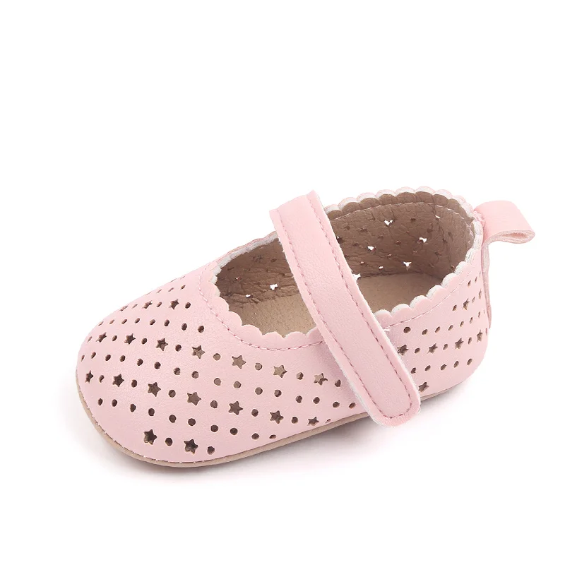 New Pu Leather Face Solid Color Hollow Circle Star Baby Soft Soled Princess Toddler Leather Shoes factory