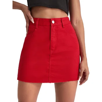 Women's Casual Red High Waist Zipper Detail Mini Denim Jean Short Skirt