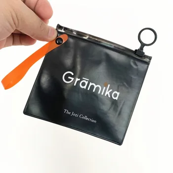 Custom small recyclable eco-friendly plastic black pvc zipper bag with handle for cosmetic jewelry packaging ziplock pouch