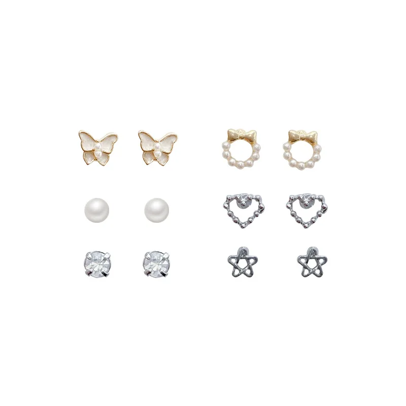 six piece set Butterfly pearl earrings women small love Pentagram earring exquisite rosette earrings