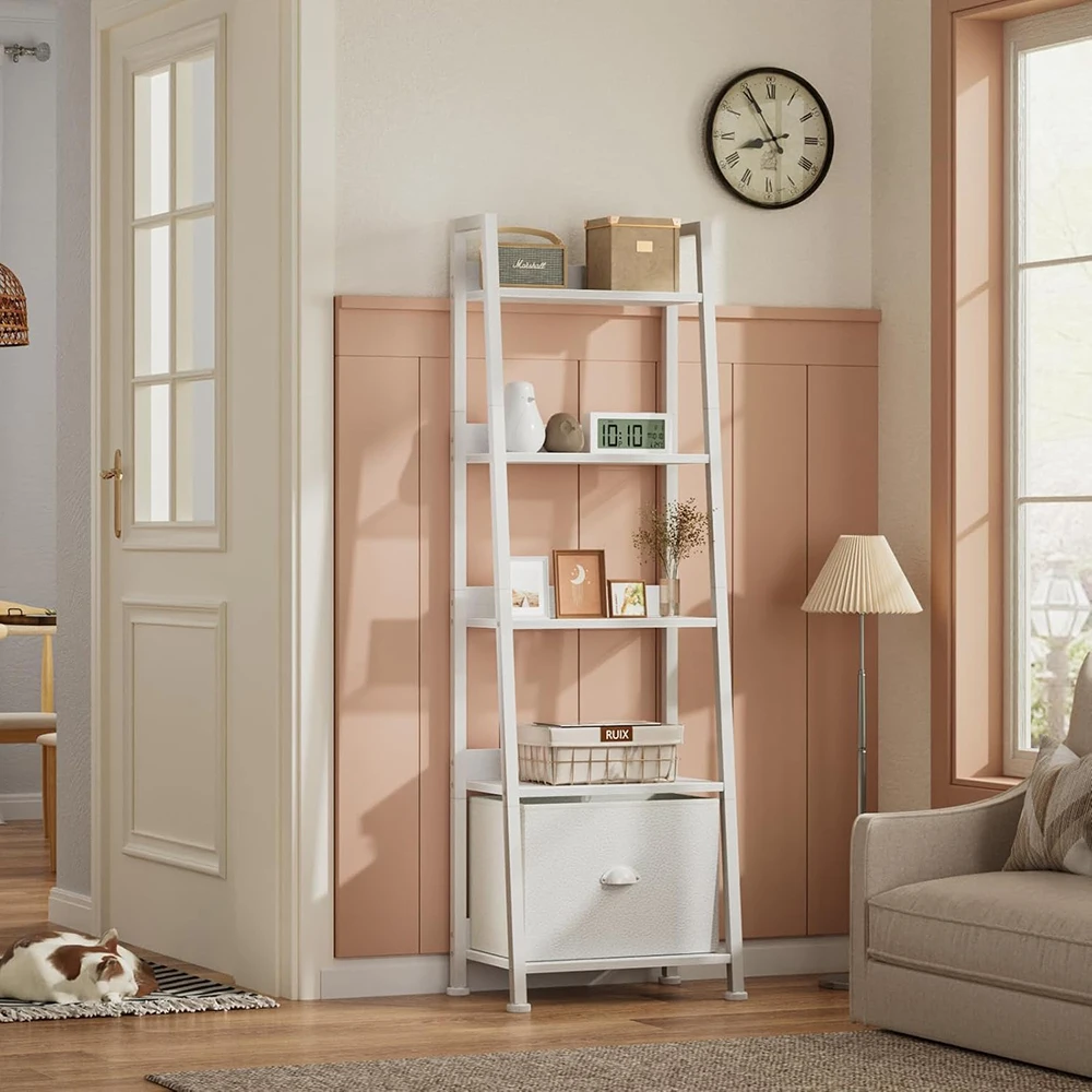 5-Tier White Ladder Bookshelf Removable Drawer Modern Wood Metal Freestanding Storage Shelves for Living Room supplier