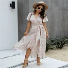 Summer Summer Summer Beach Sweet Dress Bohemian Long Skirt V-neck Lotus Leaf Short Sleeve Dress