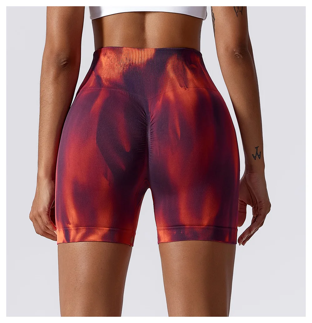 Tie-dye aurora seamless yoga shorts women's high waist buttock lifting running pants elastic tight sports fitness shorts