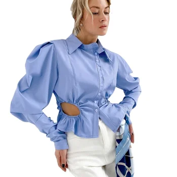2021 New Hollow Out Blue Women's T-Shirts Ruched Puff Sleeve White Ladies Blouses
