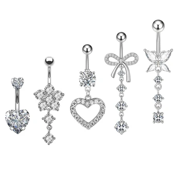 5Pcs/Set 316L Steel Bow Hollow Heart-Shaped Dangle Belly Button Rings Wholesale Inlay Shiny Zircon Piercing Navel Ring Jewelry