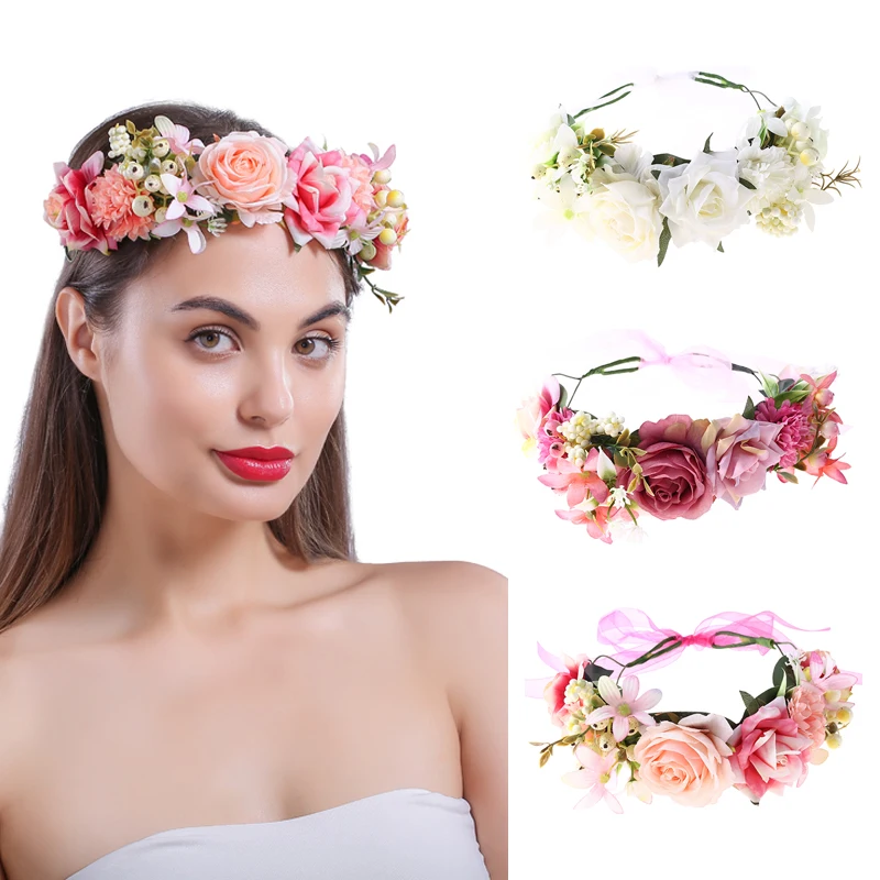 Ladies Flower Headband Hair Garland Festival Boho Rose Floral Wedding Forehead 