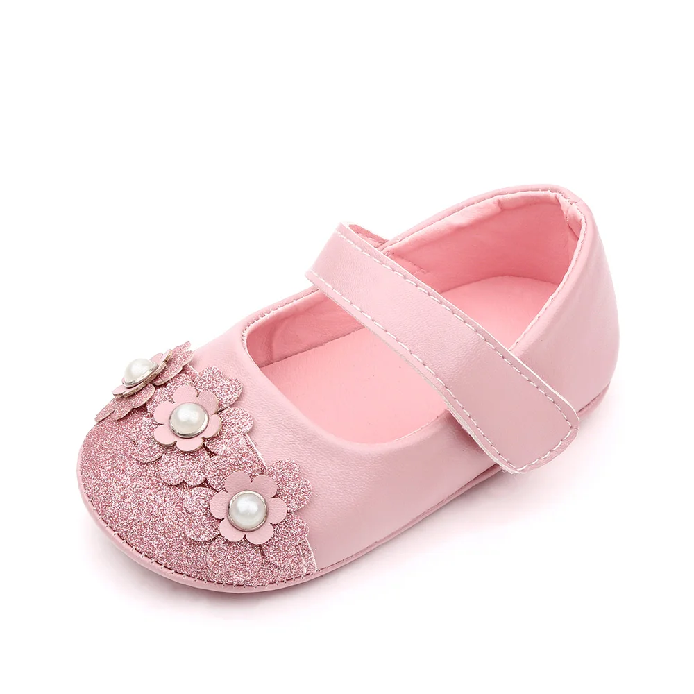 Solid Color PU Leather Glitter Pearl Flower Baby Girls Soft Soled Cute Princess Shoes details