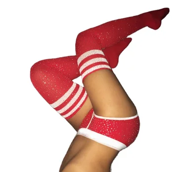 womens girls diamond bling Glitter over knee long sock sexy shine sparkle custom logo colorful three Stripes thigh high socks