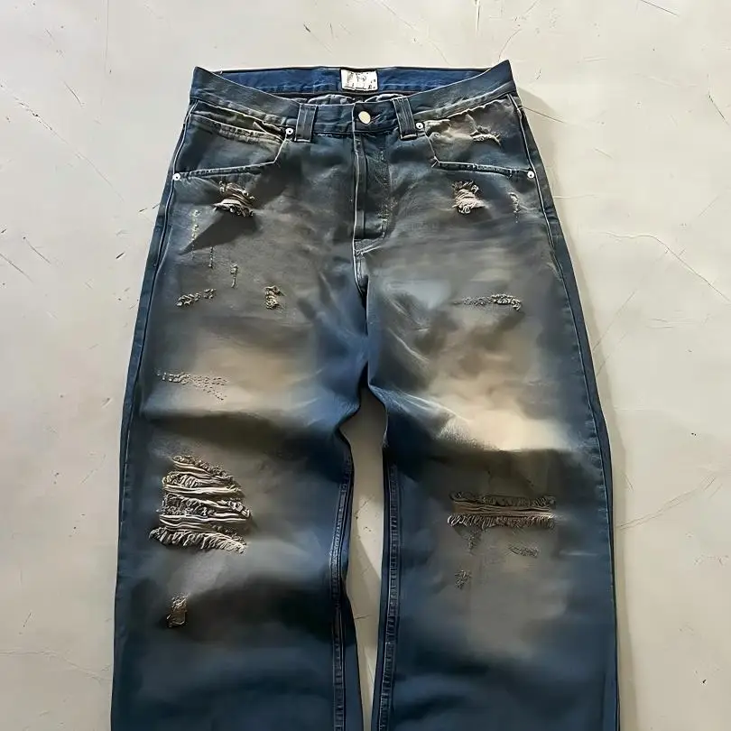 product custom pocket style street distressed retro jeans loose mens sun bleached knee ripped hole wide leg pants-4