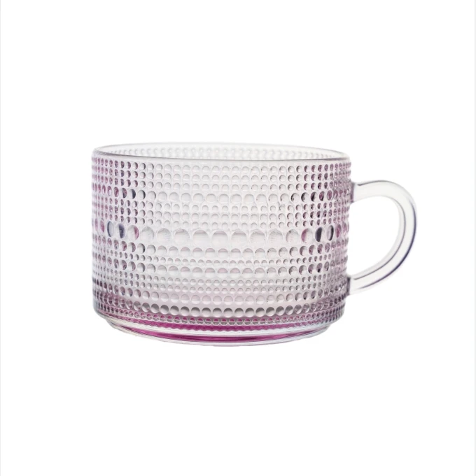 Factory Direct Sale 400ml Sunflower Bead Point Vintage Embossed Glass Cup Coffee Mug with Handle for Presents