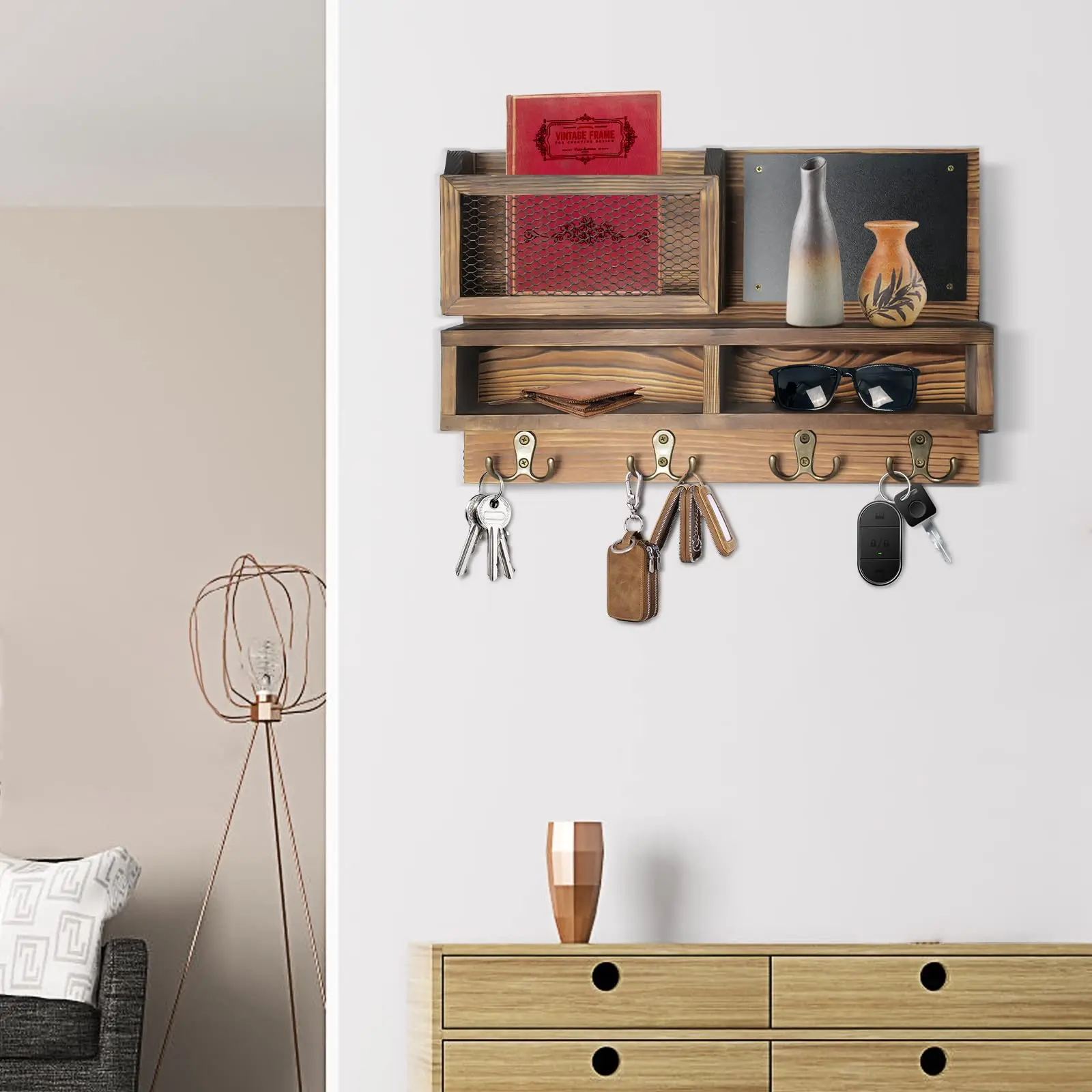 product custom rustic wood entryway shelf with key hooks mail organizer wall mounted home decor storage rack for coats keys-6