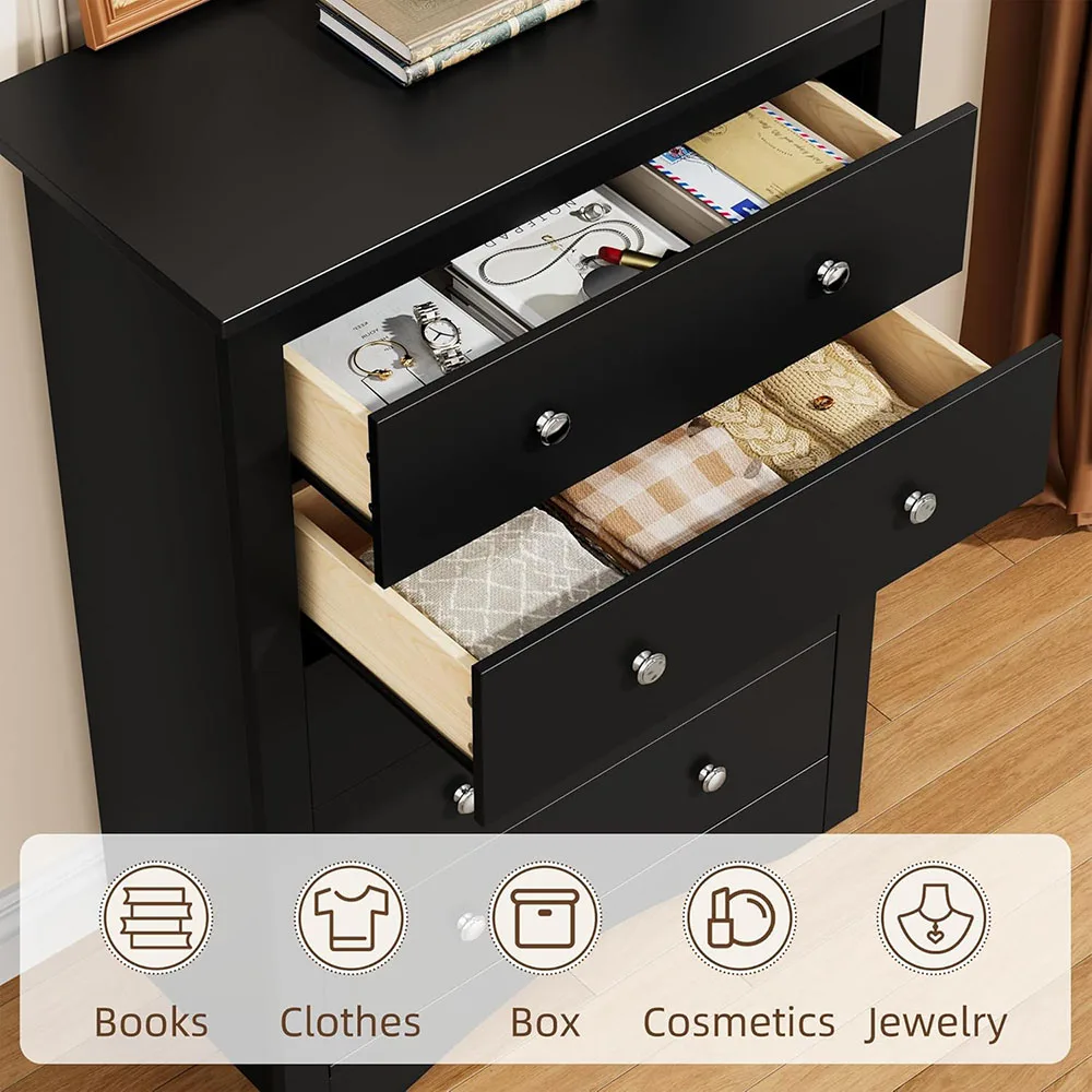 product tall modern wooden dresser with 5 drawers mdf panel storage for bedroom and living room black-3