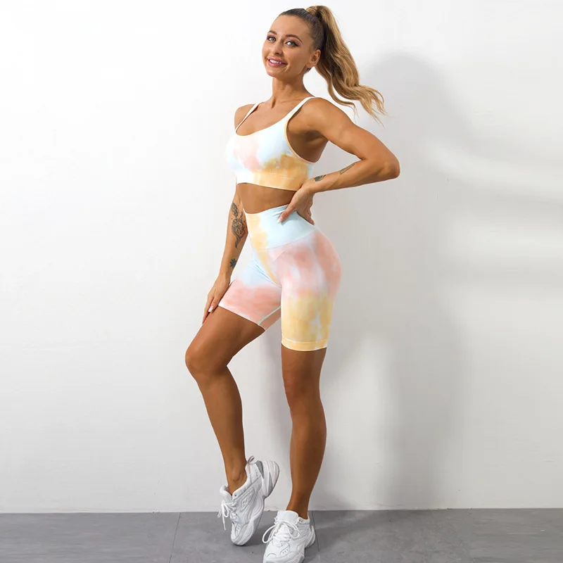 2 Pcs Pant Set Women Clothing Tie Dye Seamless Biker Two Piece Gym Fitness  Yoga  Workout Short Sets