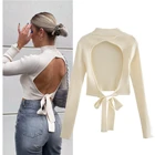 Sweater Knit Custom Sweater Back Tied Waist Beige Slim Knit Fashion Turtleneck Elastic Pure Color Sexy Sweater