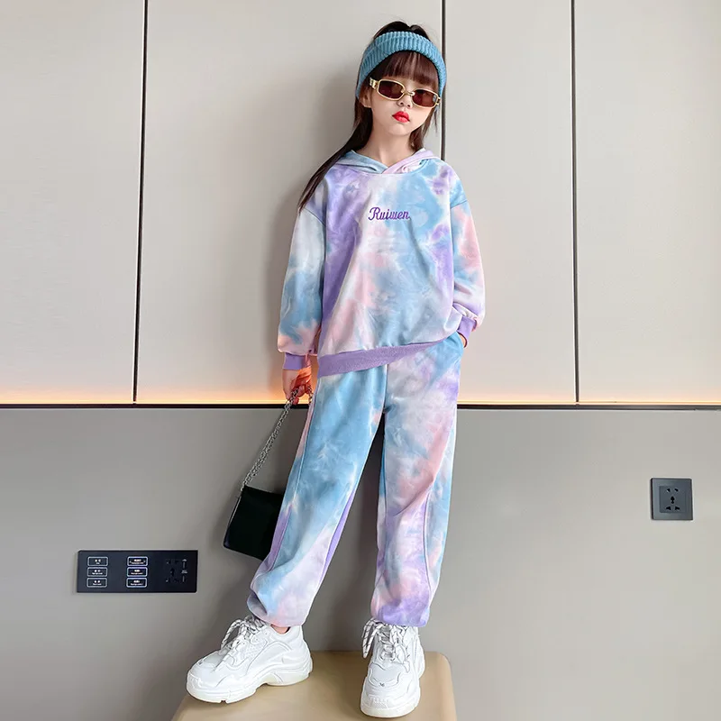 2022 Children autumn winter tie-dye clothes 2pcs sets big girls hooded tracksuit big kids fall boutique tracksuits for 3-14years