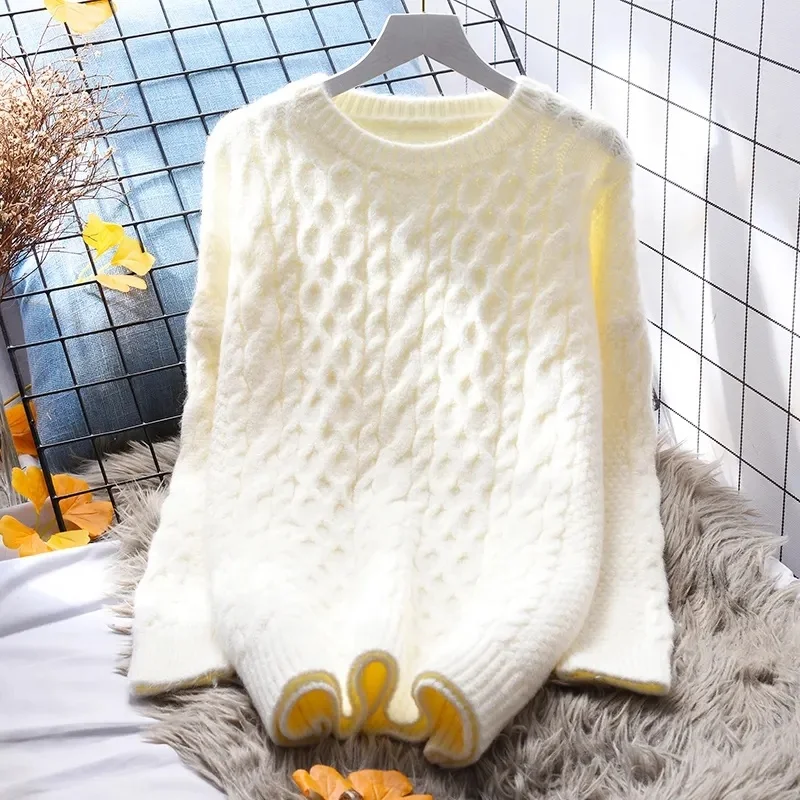 Women's 2024 Fall Casual Fall Waffle Knit Sweater Long Balloon Sleeve Loose Pullover Jumper