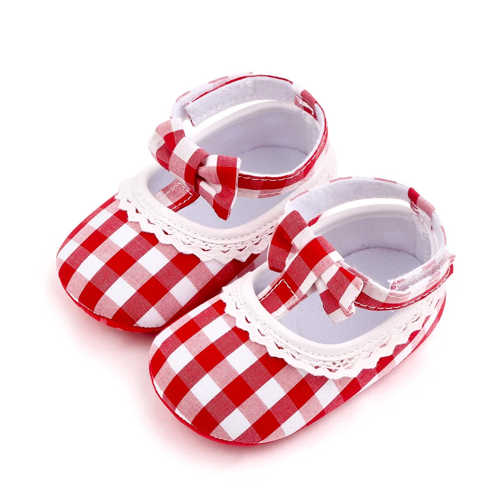 Color Matching Plaid Bow Wavy Lace Soft Soled Baby Girls Cute Princess Toddler Shoes details
