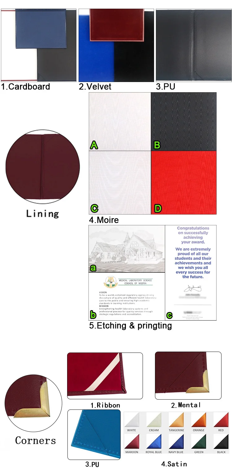 Wholesale PU Gold Stamping A4 Size Graduation Diploma Cover Certificate Folder with Metal Corner details