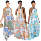 Summer Print Bandage Sexy Halter Sleeveless Beach Dress Long Summer Dress