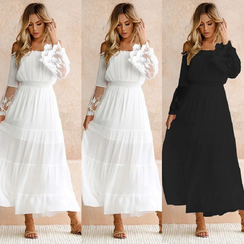 Vestido Largo Informal De Encaje Para Mujer,Vestido Largo De Manga Larga  Con Un Hombro Al Aire Y Espalda Descubierta - Buy Vestidos Casual,De Encaje  Casual Maxi Vestidos De Las Mujeres,Manga Larga Largo