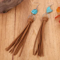 New arrival Long turquoise drop tassel leather fringe earrings for women