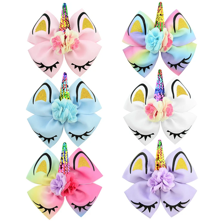 Amazon hot selling Kids Flip Sequin  Unicorn hairpins bowknot hair clip for girl  hair accessories