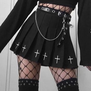 Y2K Dark Academy suit punk skirt functional wind a-word tactical half-length pleated skirt high-cold black cross mini skirt