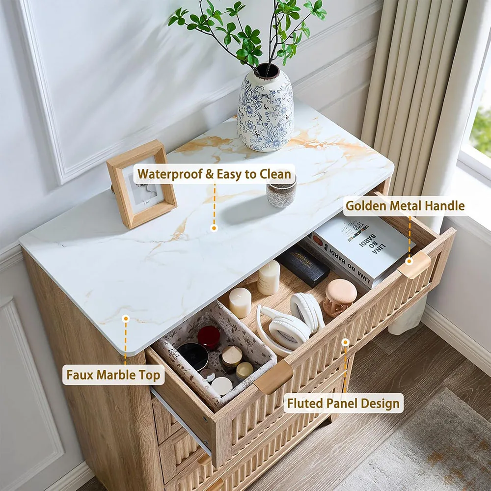 product modern 5 drawer fluted tall dresser with faux marble top oak wood and iron storage cabinet organizers for bedroom living room-1