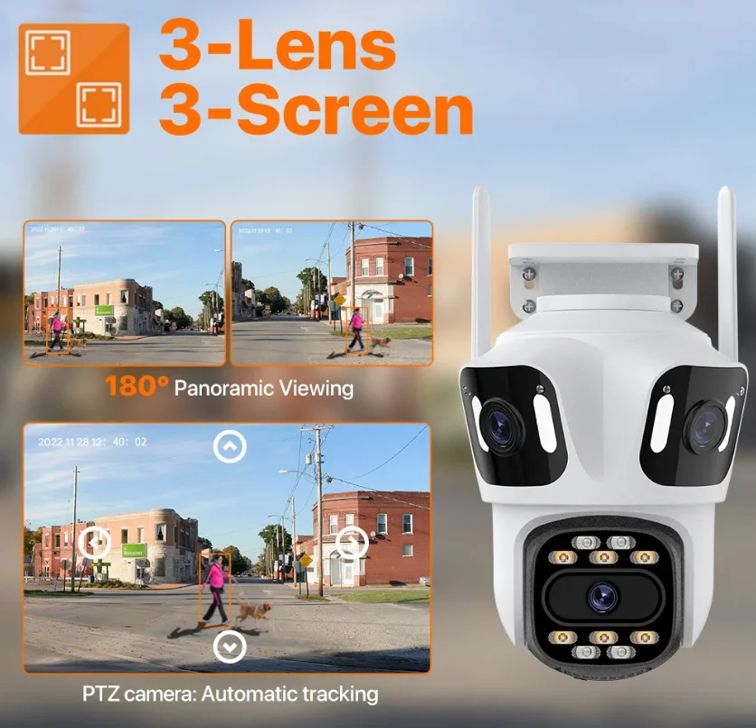 Outdoor Wifi Camera Wi-fi Three Lens Three Screen Security PTZ Camera Auto Tracking Video ICsee Three Lens Wireless cctv Camera