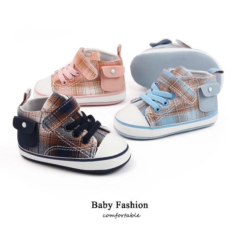 Four Seasons Classic Canvas Baby Boys and Girls Shoes Plaid Pocket Soft Soled Baby Walking Shoes details