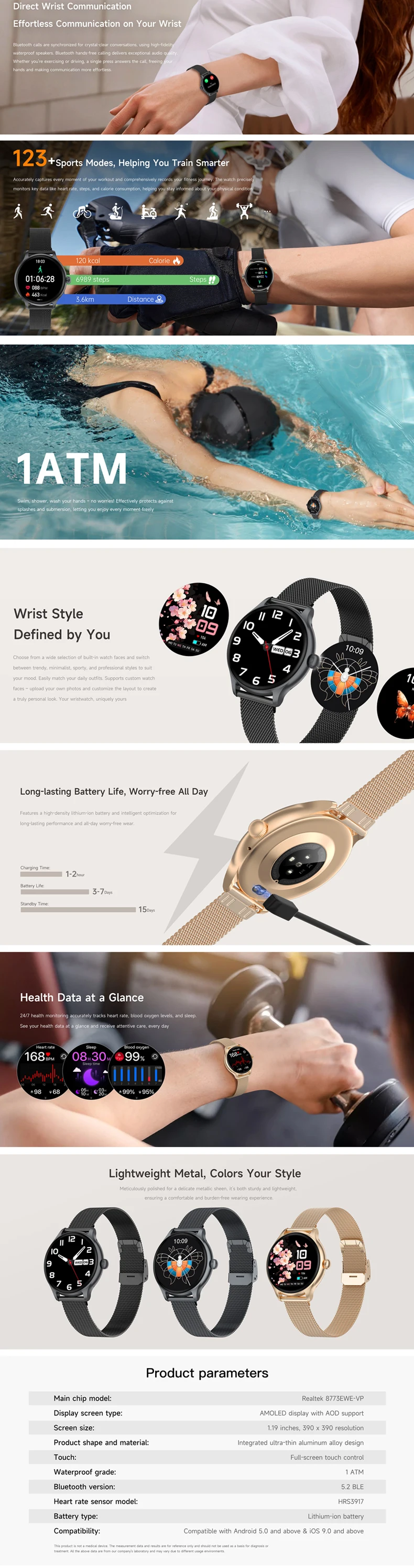 product 2026 womens fitness smartwatch km105 sports modes 1atm waterproof amoled screen heart rate monitor-2