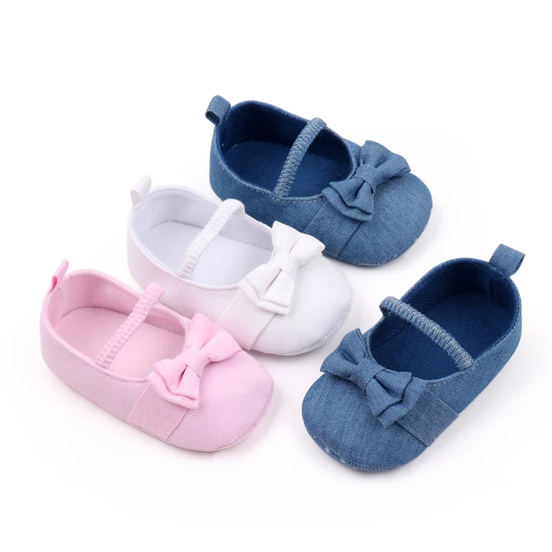 Fashion Trend Baby Solid Color Denim Cute Bow Elastic Princess Mary Jane Flats Toddler Shoes manufacture
